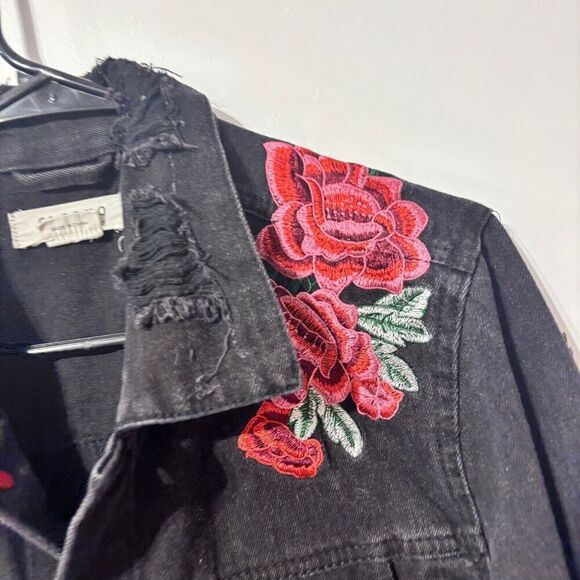 CI Sono Womens Denim Western Jacket Small Black Embroidered Floral Distressed - Picture 3 of 6